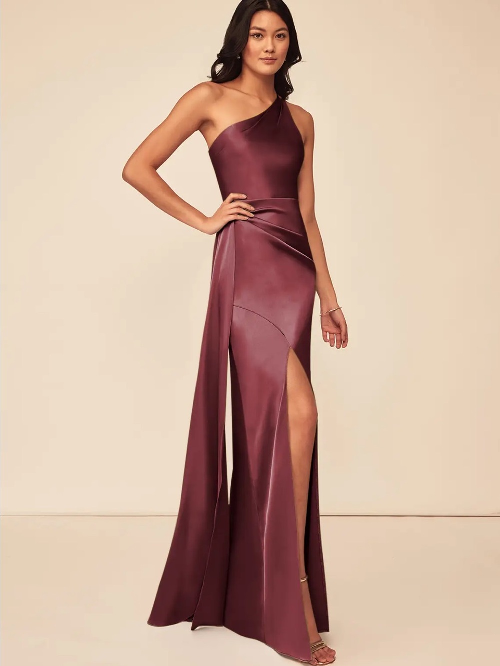 Azazie Wine One-Shoulder Formal Gown Stretch Satin Dress